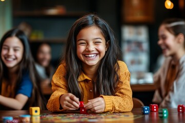 Fototapeta premium A child laughs while placing a game piece on a colorful board surrounded by friends, creating a joyful atmosphere filled with fun and laughter
