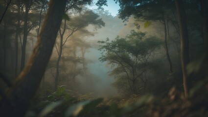 Obraz premium Misty woodland scenery in the natural environment