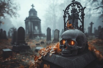 Fototapeta premium A vintage-style poster of a historic graveyard, featuring ornate tombstones and bold, elegant typography in muted tones