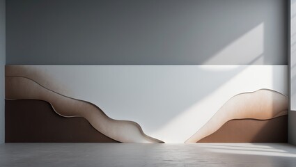 Vacant gray space featuring an abstract white and brown design for cosmetic displays.