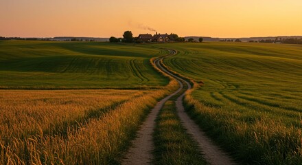 Fototapeta premium Winding Path Through Fields at Sunset