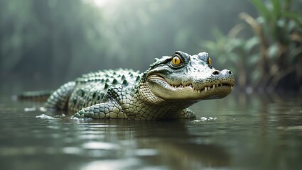 Fototapeta premium Adult freshwater crocodile from Thailand observed on a overcast day
