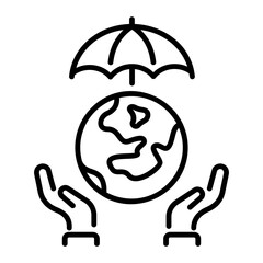 A line icon of an earth globe under umbrella showing environmental insurance 