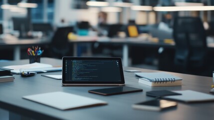 A digital tablet displays artistic New Year designs on a well-organized workspace bathed in soft natural light, surrounded by notebooks and stationery