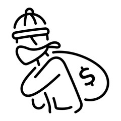 A line style icon of a thief carrying a money bag on his shoulder