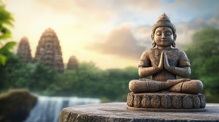 Fototapeta premium Bronze Buddha Statue At Sunset, Tropical Landscape With Ancient