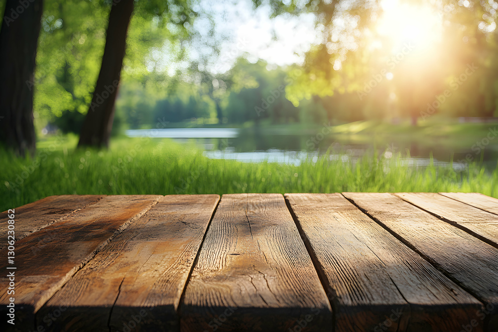 Poster scenic summertime background with rustic wooden table and lake view