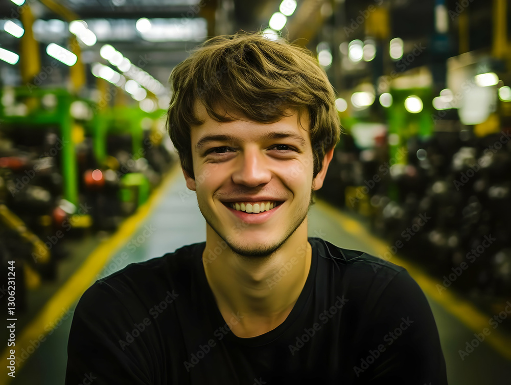 Poster smiling man portrait in modern factory realistic image