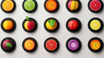 Colorful fruit slices on black plates, flat lay on white background.  Possible use Food photography, healthy eating