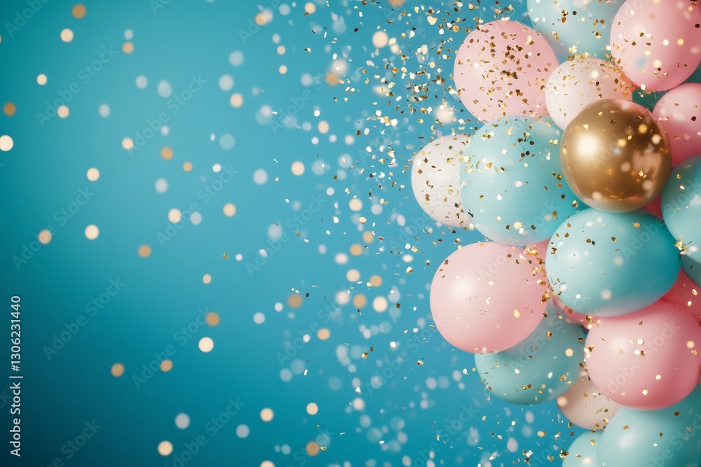 Poster a striking display of pink and teal balloons forms a festive arch, while golden confetti falls gentl