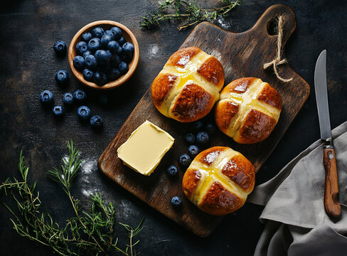 Freshly baked Hot Cross Buns on a rustic wooden table, topped with a signature white cross and glistening with a light glaze. A warm and inviting Easter treat, perfect for breakfast or afternoon tea