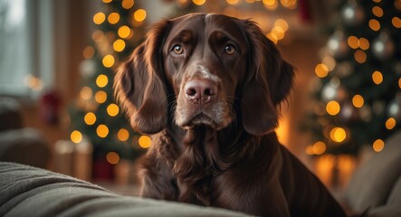 Gordon Setter at Home During Christmas: Portrait of a Purebred Dog with Holiday Lights in the Background.