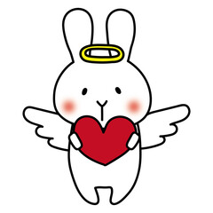 赤いハートを持っている天使の格好をした白いうさぎ