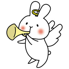 ラッパを吹いている天使の格好をした白いうさぎ