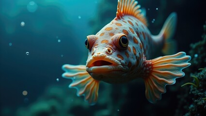 Fototapeta premium Aquatic close-up of a scorpion fish (Scorpaena sp.) captured underwater in the Mediterranean, featuring vibrant orange and white coloration.