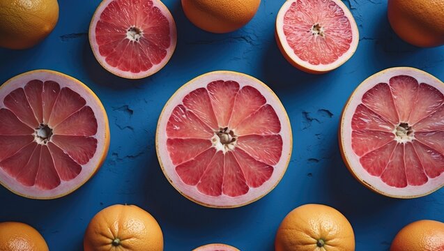 Flat-style illustration of grapefruit featuring pink pulp arranged on a blue background. Modern pop art-inspired layout pattern. - Powered by Adobe