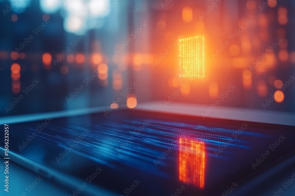 Aufkleber a glowing holographic lock icon hovers above a digital tablet, with encrypted data streams displayed