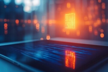 A glowing holographic lock icon hovers above a digital tablet, with encrypted data streams displayed in blue, highlighting cybersecurity in a modern tech setting