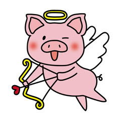 ハートの弓矢を引いている天使の格好をしたぶた