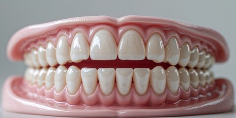 Obraz premium Closeup of a Full Denture Model Showing Upper and Lower Teeth with Pink Gums
