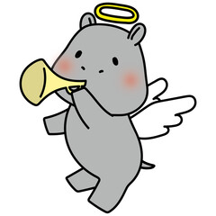 ラッパを吹いている天使の格好をしたカバ