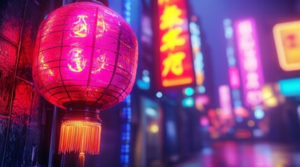 Pink Lantern In A Neon Lit City At Night Street Scene of a Rainy