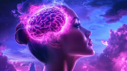 Glowing Purple Brain Woman Against Night Sky