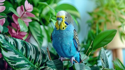 Obraz premium Bright blue budgerigar perched among vibrant indoor plants in a cozy setting