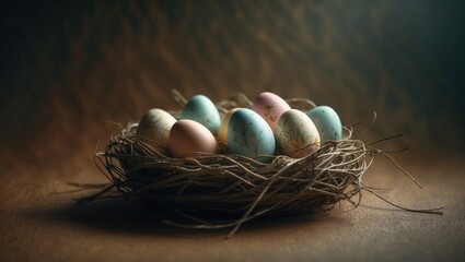 Obraz premium Decorative eggs placed in a nest with a subtle backdrop