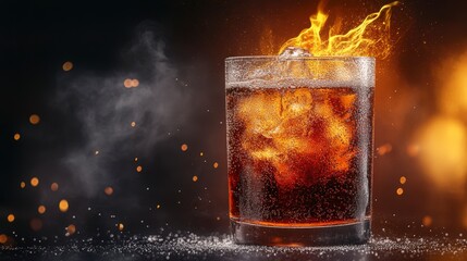 Fiery Amber Cocktail Refreshing Drink with Orange Flames and Smoke