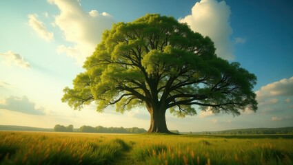 Fototapeta premium Giant Ash Tree in a Lancashire Park Against a Backdrop of Clear Blue Sky and White Clouds.
