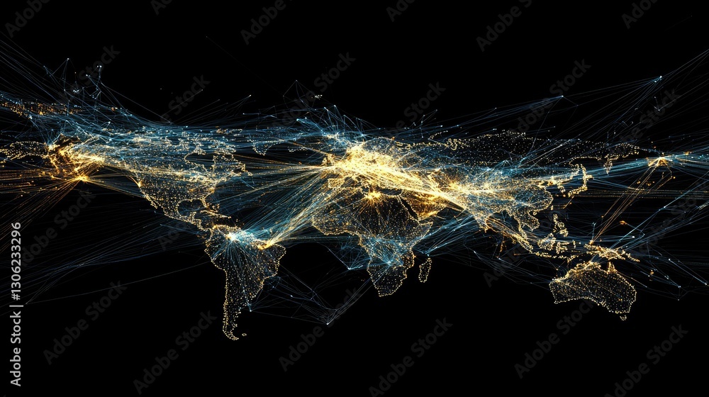 Poster a logistics network map with illuminated lines showing the vast interconnected routes of global supp