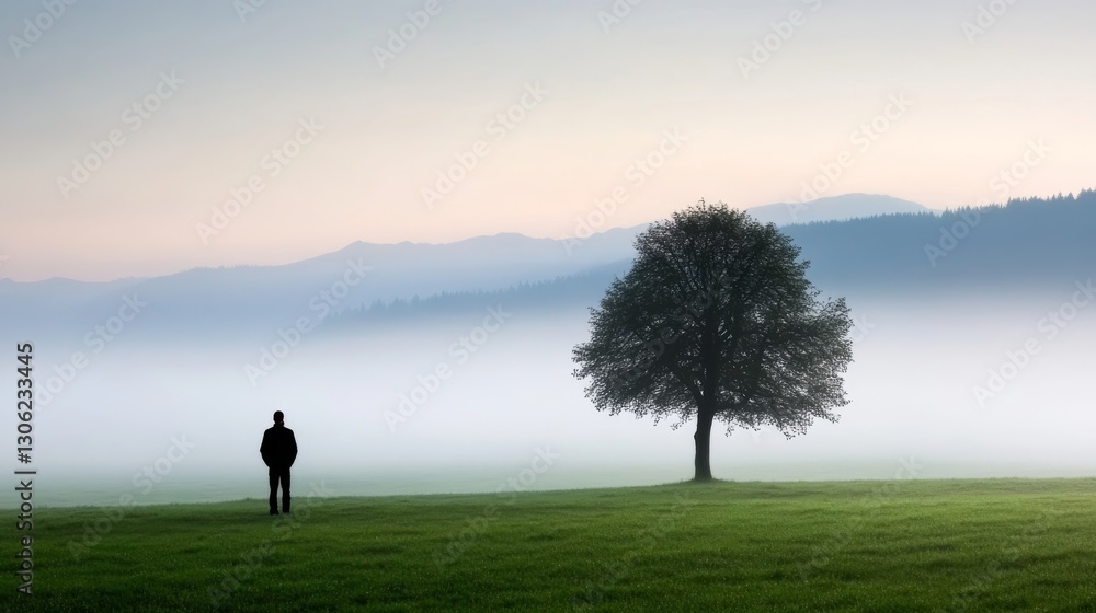 Poster a man figures alone in a misty field, shrouded in soft haze, with a solitary tree standing in the ba