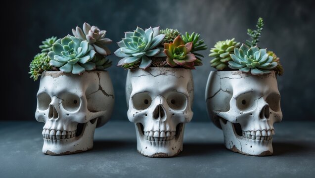 Skull-shaped white planters made of plaster and concrete, featuring succulents. Unique Halloween floral arrangement. Stylish minimalist art. Focused detail.