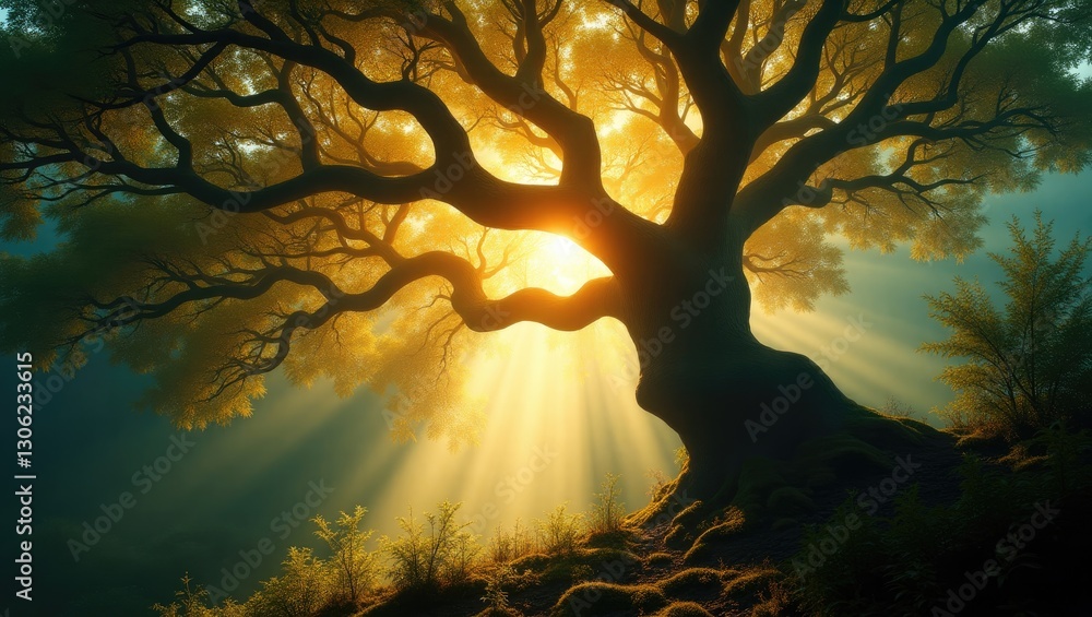 Poster perspective from the ground looking up at a tree canopy. sunlight filtering through the branches of 