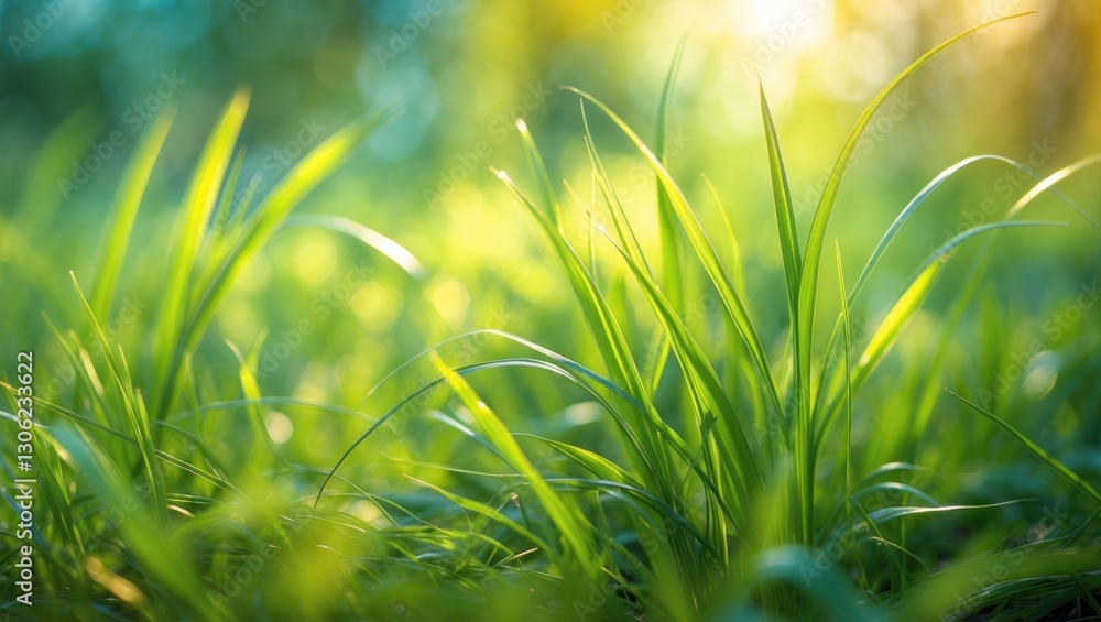 Poster lush greenery. a close-up view of vibrant spring grass illuminated by sunlight, creating a softly bl