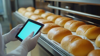 Baker Using Tablet to Monitor Freshly Baked Buns in Bakery Setting