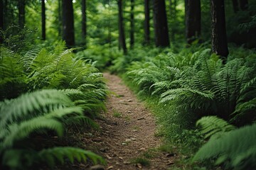 Dense fern-covered forest pathway through vibrant greenery, crafted for nature retreat branding, environmental awareness projects, and hiking equipment campaigns.