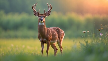 Deer in a meadow during sunset hours.