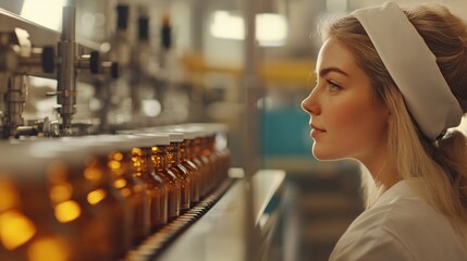Young Female Scientist Observing Bottling Process in Laboratory Setting
