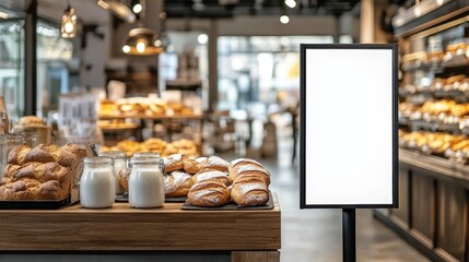 Cozy Modern Bakery Interior Featuring Clean Design with Fresh Breads, Pastries, and Milk in a Warm and Inviting Atmosphere. Blank advertising mockup board for advertisement at the bakery shop. 