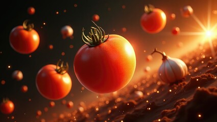 Cosmic realm of vegetables resembling planets in the universe. Tomatoes, onions, and garlic as ingredients for Mediterranean dishes, set against a backdrop of deep space lit by a star, showcasing a...