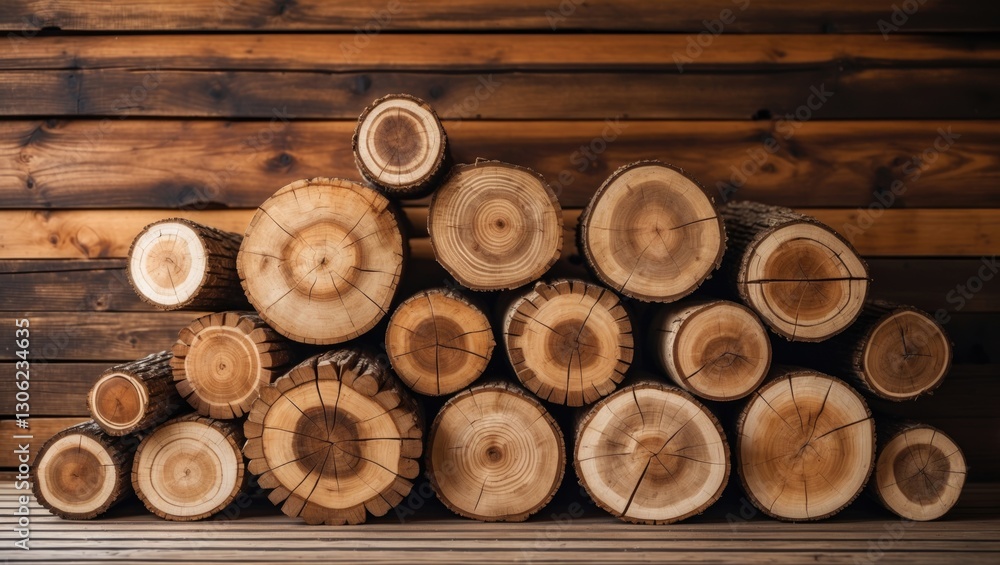 Poster cross-sectioned tree trunks with a wooden backdrop. piles of logs representing the logging and fores