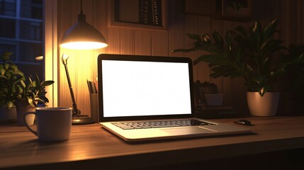 Fototapeta premium Cozy Workspace with Laptop and Plants in Soft Evening Light