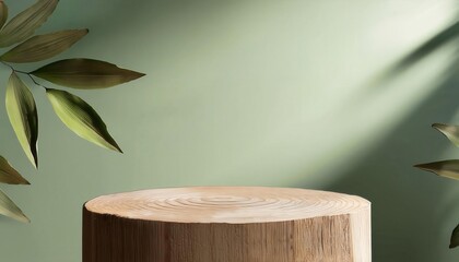 natural wood podium with soft sunlight and tropical leaves, minimalist display stand for product presentation and branding

