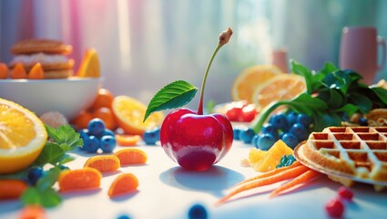 Vibrant fruits and vitamins featuring a fresh cherry among a colorful spread. Nutritious morning options, including fruits, vegetables, and sweet treats.