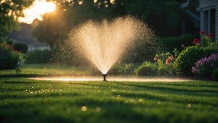 Irrigating a manicured residential lawn with a sprinkler system. Gardening maintenance, watering solutions.