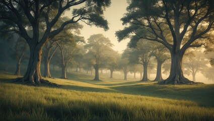 Obraz premium Meadow with diverse trees visible in the background