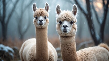 A pair of lovely alpacas in a snowy landscape, native to South America.