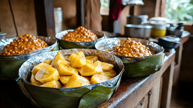 Traditional ugandan cuisine matoke served in banana leaves in rustic setting showcasing local culture and food preparation methods